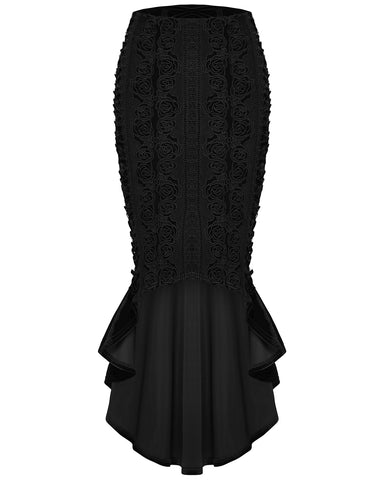 Punk Rave Womens Baroque Gothic Rose Embroidered Velvet Fishtail Skirt - Black