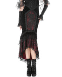 Dark In Love Womens Elegant Gothic Velvet Embroidered Mermaid Skirt - Black & Red