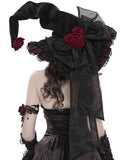 Devil Fashion Womens Gothic Roses Velvet Pointed Witch Hat - Black & Red