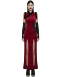 Punk Rave Womens Gothic Embossed Rose Velvet & Faux Fur Cheongsam Dress - Red