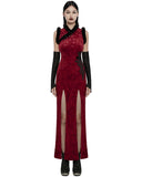 Punk Rave Womens Gothic Embossed Rose Velvet & Faux Fur Cheongsam Dress - Red