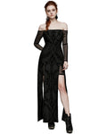 Punk Rave Womens Gothic Flocked Velvet Damask Off-Shoulder Maxi Dress