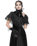 Eva Lady Womens Baroque Gothic Devore Velvet Feathered Shrug Cape Cloak Black