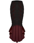 Punk Rave Womens Baroque Gothic Rose Embroidered Velvet Fishtail Skirt - Red & Black