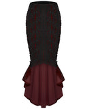 Punk Rave Womens Baroque Gothic Rose Embroidered Velvet Fishtail Skirt - Red & Black