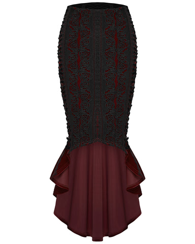 Punk Rave Womens Baroque Gothic Rose Embroidered Velvet Fishtail Skirt - Red & Black