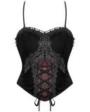 Dark In Love Womens Gothic Velvet & Lace Applique Corset Top - Black & Red