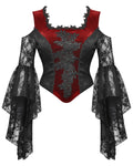 Dark In Love Womens Dark Elegant Gothic Velvet & Lace Applique Blouse Top - Red & Black