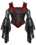 Dark In Love Womens Dark Elegant Gothic Velvet & Lace Applique Blouse Top - Red & Black