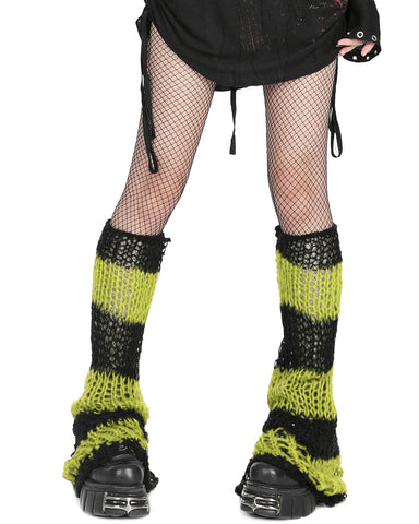 Punk Rave Shredded Broken Knit Flared Leg Warmers - Black & Green