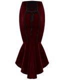 Punk Rave Womens Baroque Gothic Rose Embroidered Velvet Fishtail Skirt - Red & Black