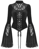 Dark In Love Womens Regency Gothic Velvet & Lace Flared Sleeve Blouse Top