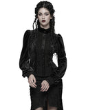 Punk Rave Womens Elegant Gothic Striped Velvet & Lace Applique Blouse Top - Black