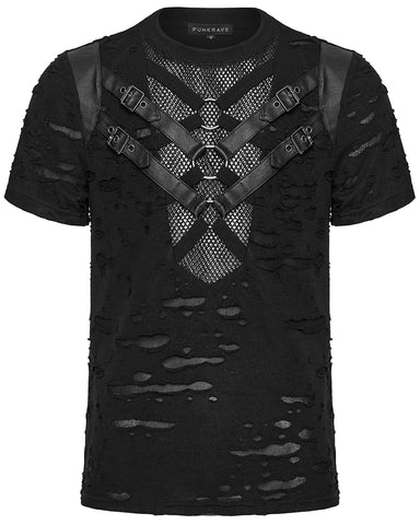 Punk Rave Mens Apocalyptic Gothic Shredded Fishnet Inset T Shirt Top