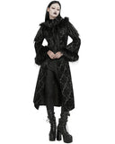 Punk Rave Womens Long Gothic Damask & Faux Fur Hooded Coat