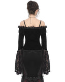 Eva Lady Dark Devore Gothic Velvet & Flocked Mesh Off Shoulder Top - Black