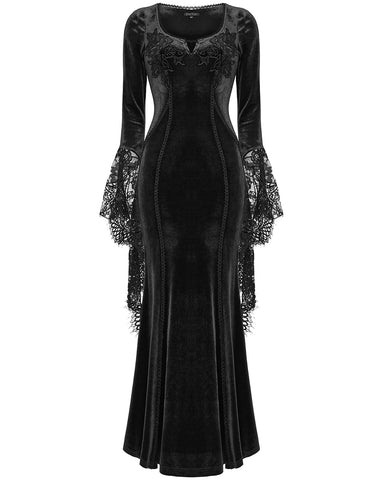 Punk Rave Daily Life Womens Long Gothic Velvet Applique Maxi Dress - Black