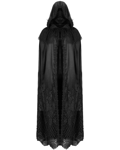 Devil Fashion Womens Long Baroque Gothic Lace Layered Hooded Cloak - Black