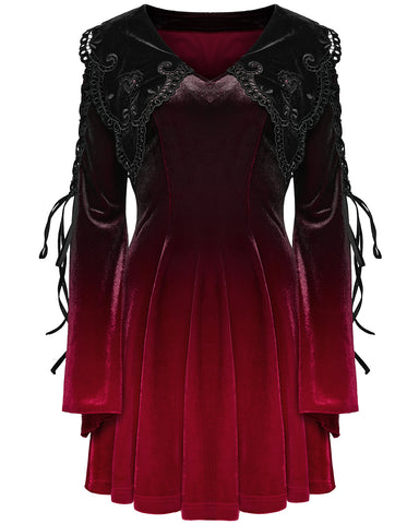 Punk Rave Womens Gothic Velvet Mini Dress With Oversize Embellished Collar - Red & Black Gradient