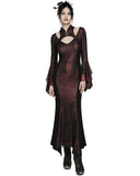 Punk Rave Womens Long Gothic Fitted Maxi Dress With Mesh Contrast - Red & Black