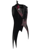 Devil Fashion Mens Gothic Aristocrat Jacquard & Velvet Asymmetric Feathered Waistcoat Vest - Black & Red