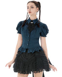 Dark In Love Womens Gothic Striped Puff-Sleeve Blouse Top & Bat Cravat - Blue