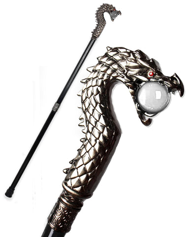 Penny Dreadful Gothic Steampunk Dragon Swaggering Cane - Clear Glass Orb