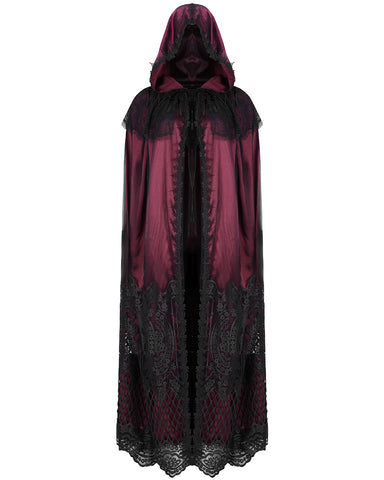 Devil Fashion Womens Long Baroque Gothic Lace Layered Hooded Cloak - Red & Black