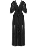 Punk Rave Daily Life Long Gothic Rose Lace & Pleated Mesh Lace Up Maxi Dress