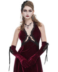 Devil Fashion Womens Long Gothic Velvet Lace-Up Evening Gloves - Red