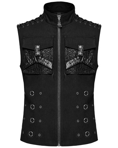 Punk Rave Mens Apocalyptic Gothic Mesh Utility Pocket Waistcoat Vest - Black