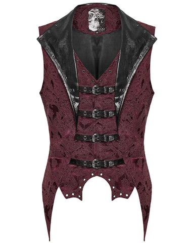 Punk Rave Mens Dark Victorian Gothic Damask Jacquard Waistcoat Vest - Red