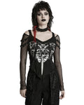 Punk Rave Womens Gothic Vampire Bat Printed Top With Fishnet Sleeves