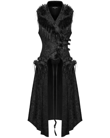 Punk Rave Womens Long Gothic Rose Jacquard 2 Piece Waistcoat Vest With Faux Fur Trim