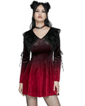 Punk Rave Womens Gothic Velvet Mini Dress With Oversize Embellished Collar - Red & Black Gradient