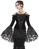 Eva Lady Dark Devore Gothic Velvet & Flocked Mesh Off Shoulder Top - Black