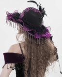 Eva Lady Womens Gothic Beaded & Feathered Wide Brim Mourning Hat - Black & Purple