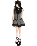 Dark In Love Dark Preppy Corporate Gothic Lace Cravat Pinstripe Mini Dress - Grey & Black