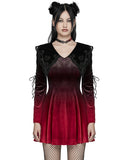 Punk Rave Womens Gothic Velvet Mini Dress With Oversize Embellished Collar - Red & Black Gradient