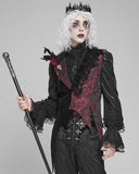 Devil Fashion Mens Gothic Aristocrat Jacquard & Velvet Asymmetric Feathered Waistcoat Vest - Black & Red