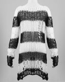 Punk Rave Shredded Knit Sweater - Black & White
