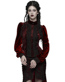 Punk Rave Womens Elegant Gothic Striped Velvet & Lace Applique Blouse Top - Red