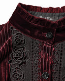 Punk Rave Womens Elegant Gothic Striped Velvet & Lace Applique Blouse Top - Red