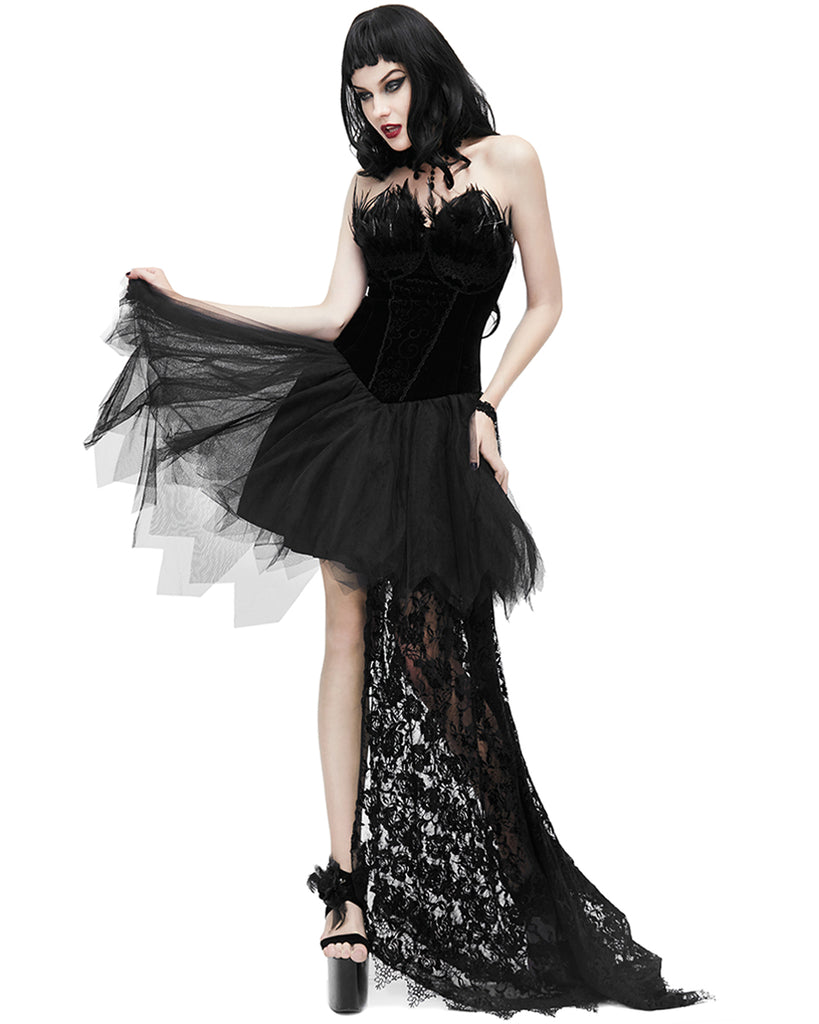 Eva Lady Gothic Velvet & Lace Feathered Mini Dress Violent Delights Eva Lady Gothic Velvet & Lace Feathered Mini Dress Violent Delights