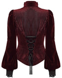 Punk Rave Womens Elegant Gothic Striped Velvet & Lace Applique Blouse Top - Red