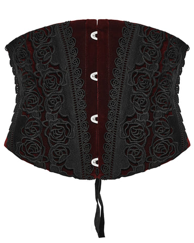Punk Rave Womens Baroque Gothic Rose Embroidered Velvet Cincher Corset - Red & Black