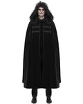 Devil Fashion Mens Long Gothic Hooded Cloak Coat Black Velvet Faux Fur Steampunk