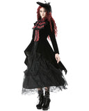Dark In Love Womens Gothic Velvet & Jacquard Faux Two-Piece Tail Coat Frock Jacket - Black & Red
