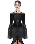 Eva Lady Dark Devore Gothic Velvet & Flocked Mesh Off Shoulder Top - Black