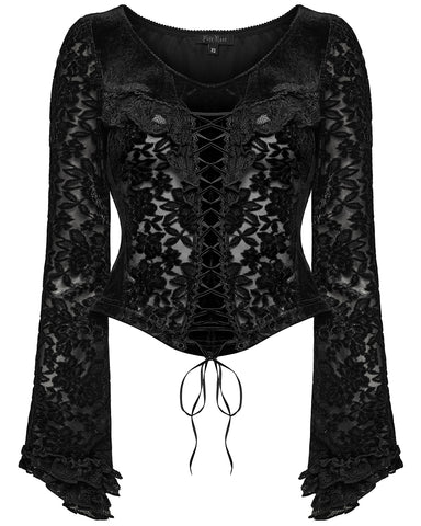 Punk Rave Womens Baroque Gothic Devore Velvet Lace Up Blouse Top